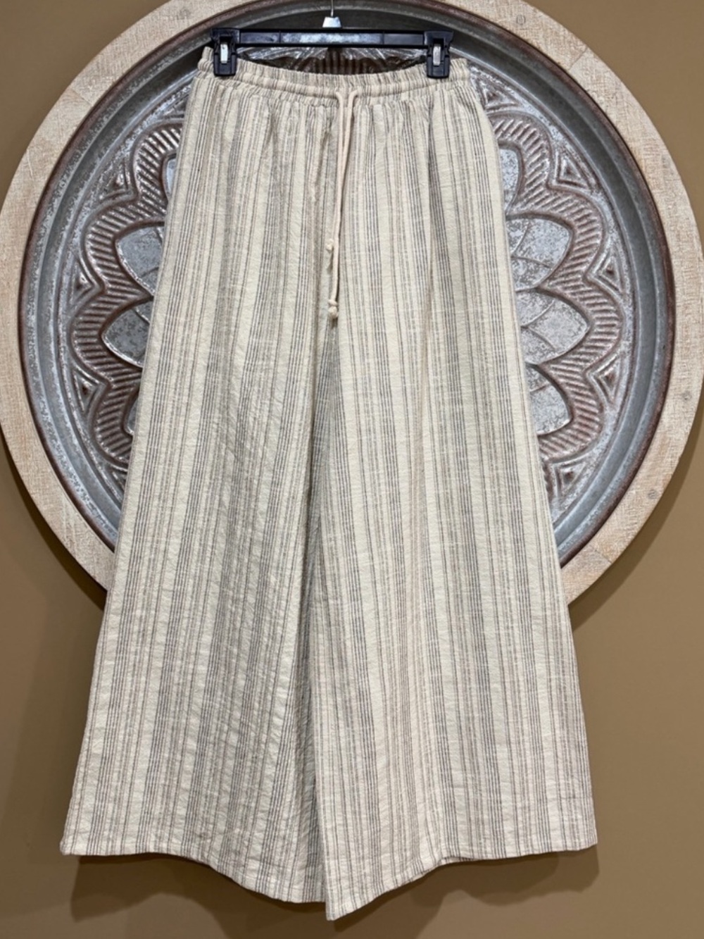 NWT- Linen- Cotton Blend Striped Wide-leg Palazzo Drawstring Pants - Cream
